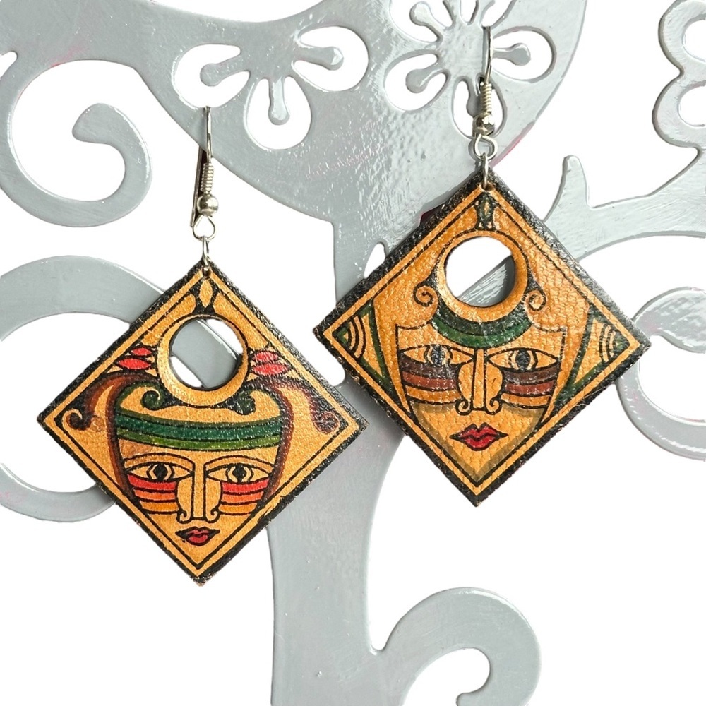 Vintage Mexican Tribal Painted Face Leather Drop Earrings - Picture 2 of 10